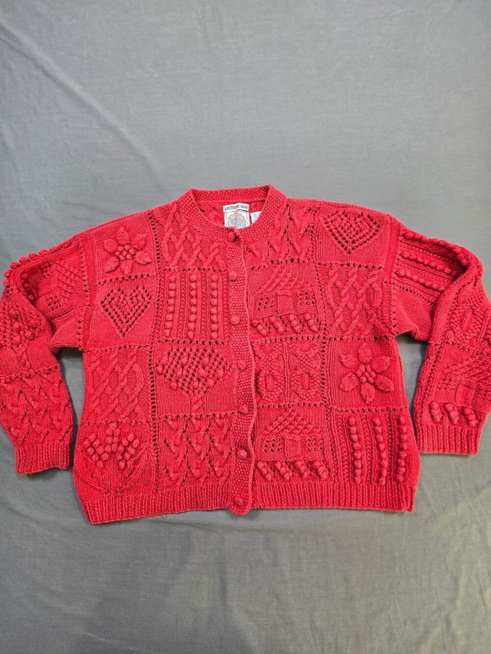 Vintage Cape Isle Knitters Medium Hand-Knit Red Ramie Cotton Cardigan Sweater